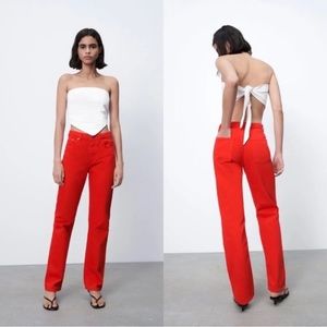 ZARA RED STRAIGHT LEG MID RISE JEANS